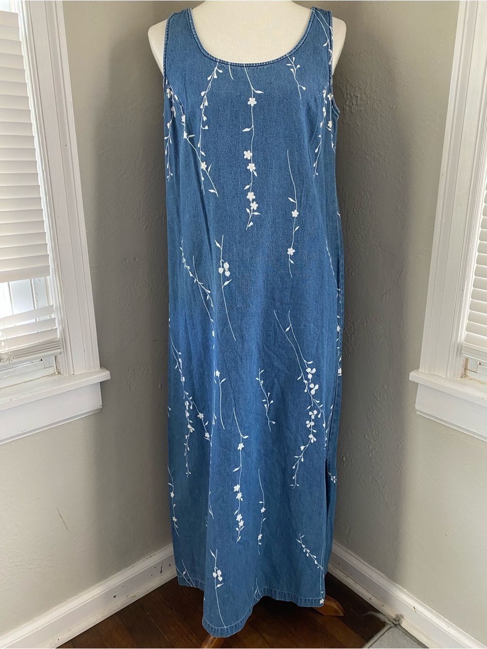 Vtg Denim Floral Jean Cottage Prairie Teacher-Core Mom Boho Western Maxi Dress